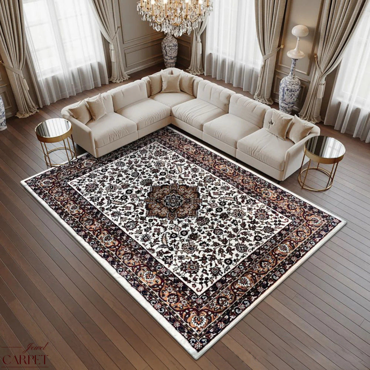 White Persian Wool Traditional Heavy Anti Skid Carpet