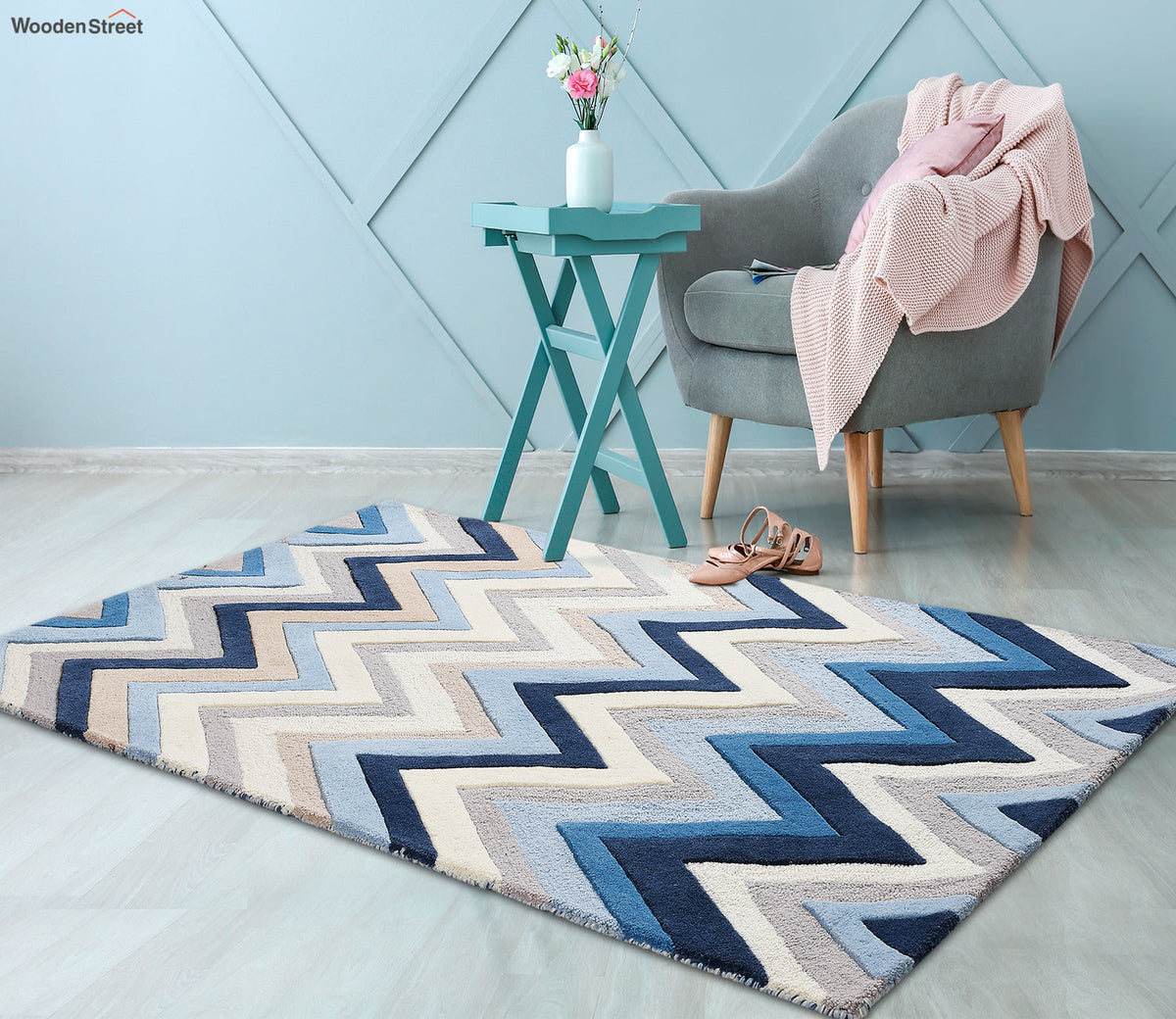 Hand Tufted Blue Multi Coloured Wool Carpet