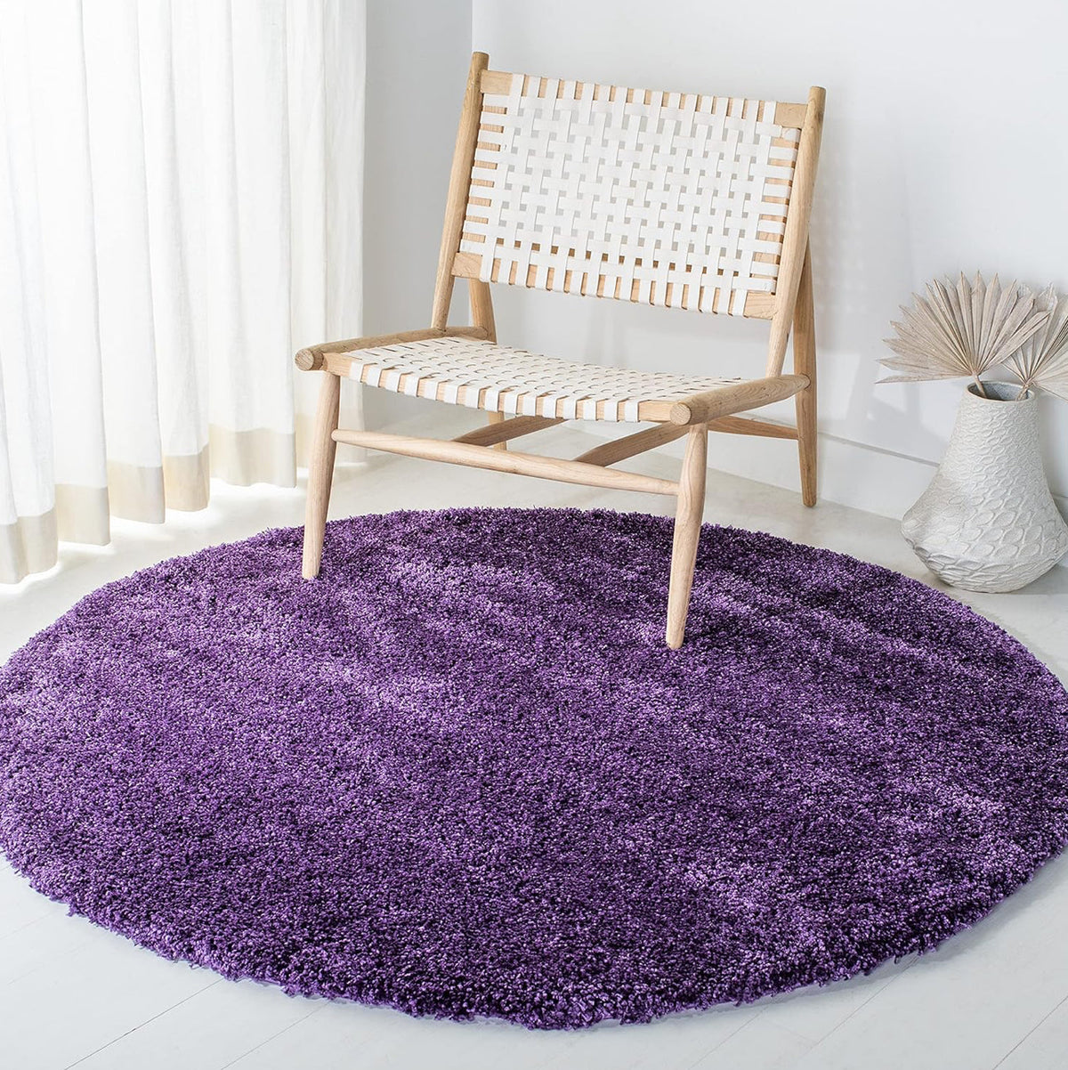 Purple Handcrafted Round Solid Microfiber Plush Anti Skid Shaggy Carpet