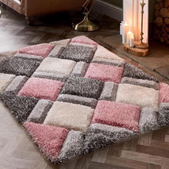 Handcrafted Pink & White Geometric Shaggy Carpet