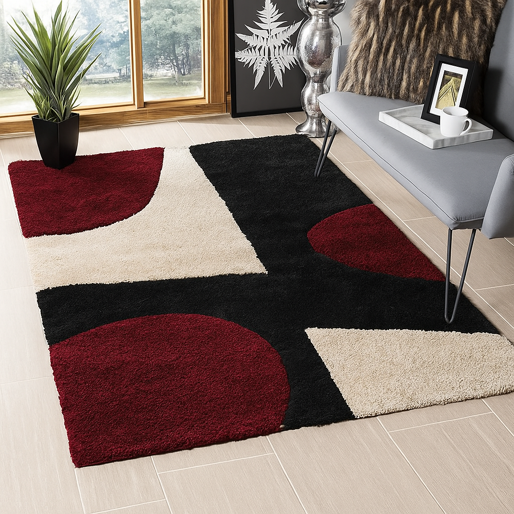 Handcrafted Black & Maroon Geometric Shaggy Carpet
