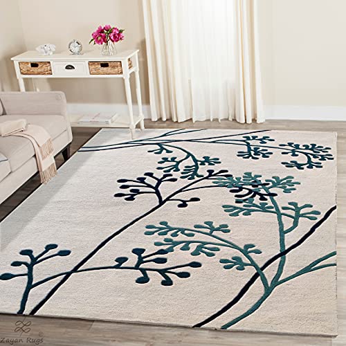 Ivory & Blue Floral Hand Tufted Wool Rug
