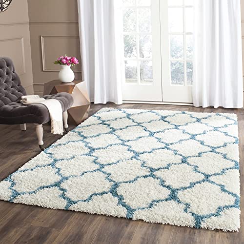 Handcrafted Teal Blue & Ivory Shaggy Carpet