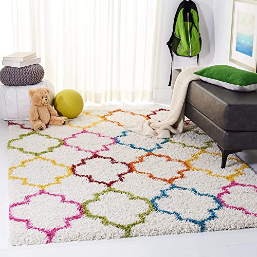 Handcrafted Ivory & Multi Coloured Shaggy Carpet