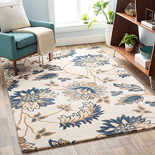 Ivory & Blue Floral Hand Tufted Wool Carpet