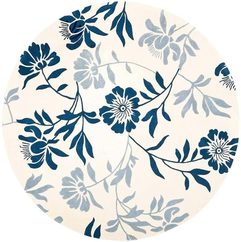Beige & Blue Floral Multicolor Hand Tufted Round Plush New Zealand Wool Rug
