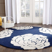 Floral Navy Blue & White Hand Tufted Round Plush New Zealand Wool Rug