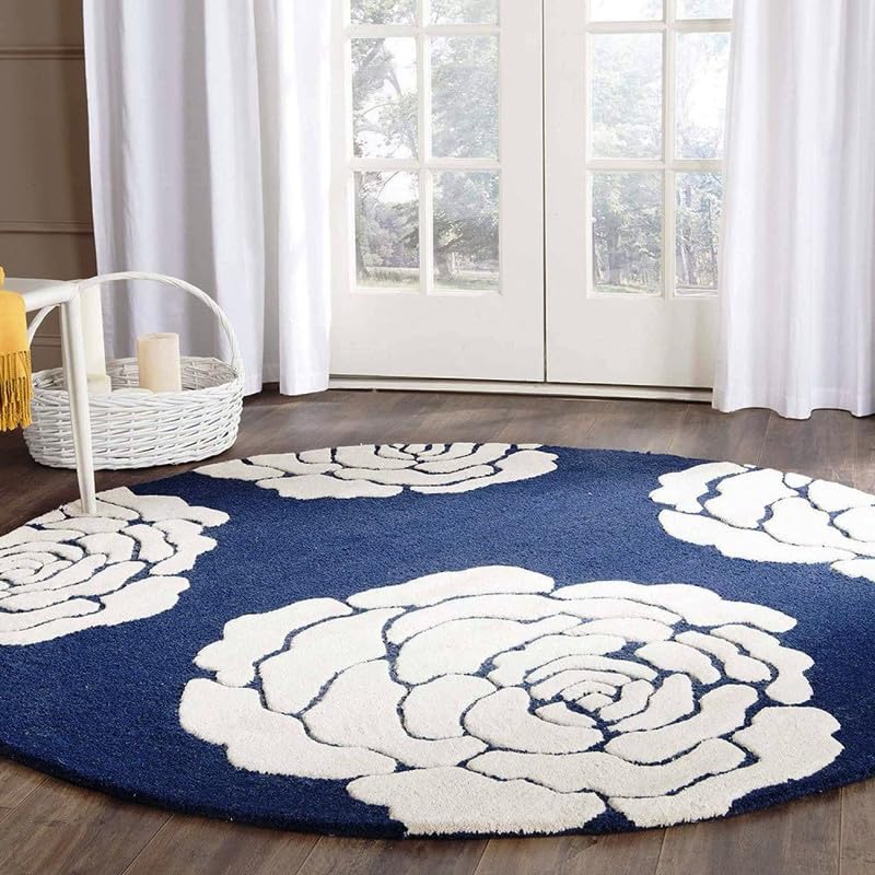 Floral Navy Blue & White Hand Tufted Round Plush New Zealand Wool Rug