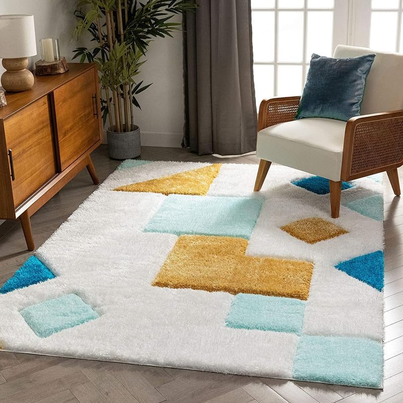 Handcrafted White Multi Coloured Shaggy Carpet