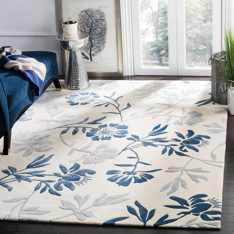 Blue & White Floral Hand Tufted Wool Rug