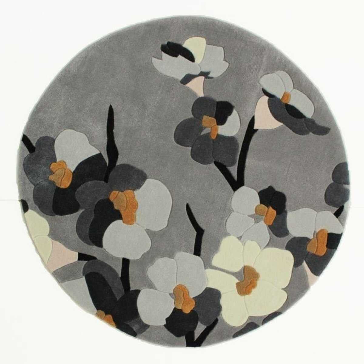 Grey Floral Hand Tufted Round Plush New Zealand Wool Rug