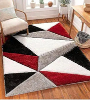 Handcrafted Red & White Geometric Shaggy Carpet