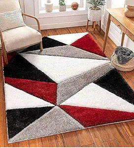 Handcrafted Red & White Geometric Shaggy Carpet