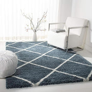 Handcrafted Slate Blue & Ivory Trellis Shaggy Carpet