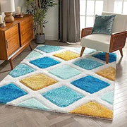 Handcrafted Turquoise Blue & Yellow Geometric Shaggy Carpet