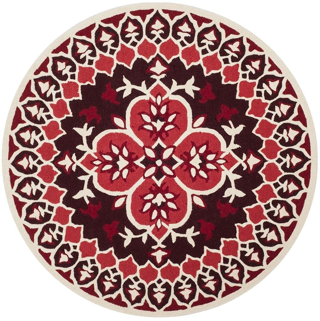 Traditional White & Red Hand Tufted Round Plush New Zealand Wool Rug