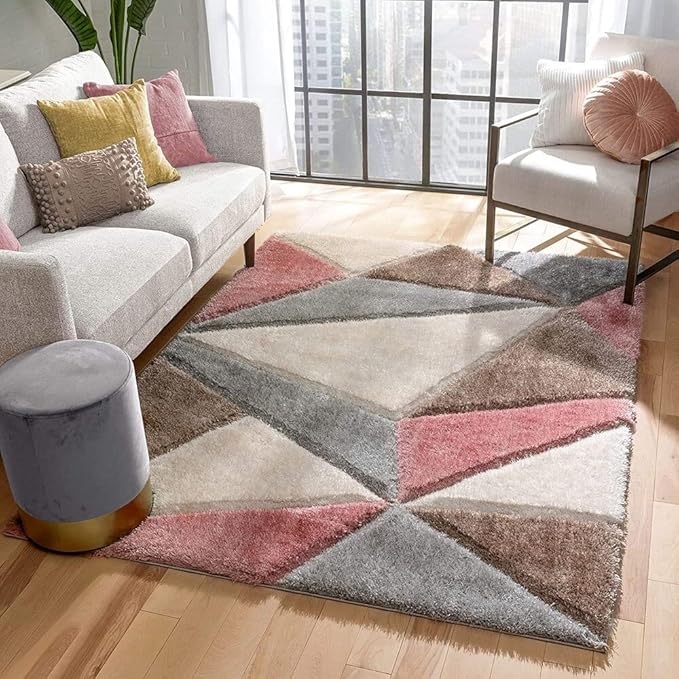 Handcrafted Peach Geometric Shaggy Carpet