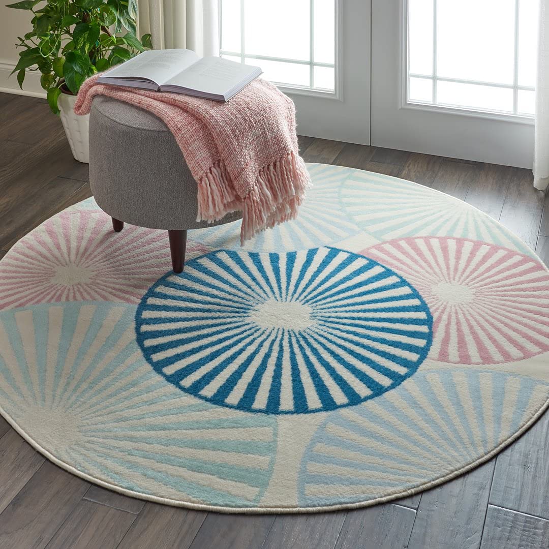 Ivory Blue & Pink Hand Tufted Round Plush New Zealand Wool Rug