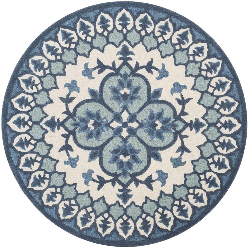 Traditional White & Blue Hand Tufted Round Plush New Zealand Wool Rug