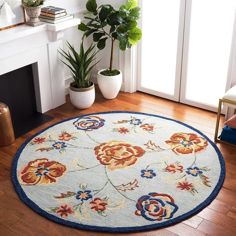 Blue Floral Multicolor Hand Tufted Round Plush New Zealand Wool Rug