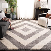 Handcrafted Ivory & Brown Rhombus Shaggy Carpet