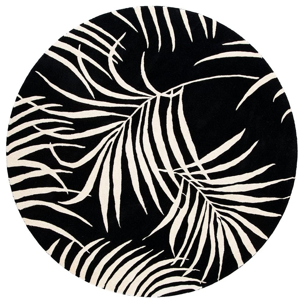Floral Black & White Hand Tufted Round Plush New Zealand Wool Rug
