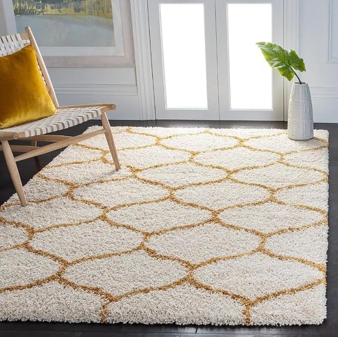 Handcrafted Off White & Mustard Moroccan Shaggy Carpet