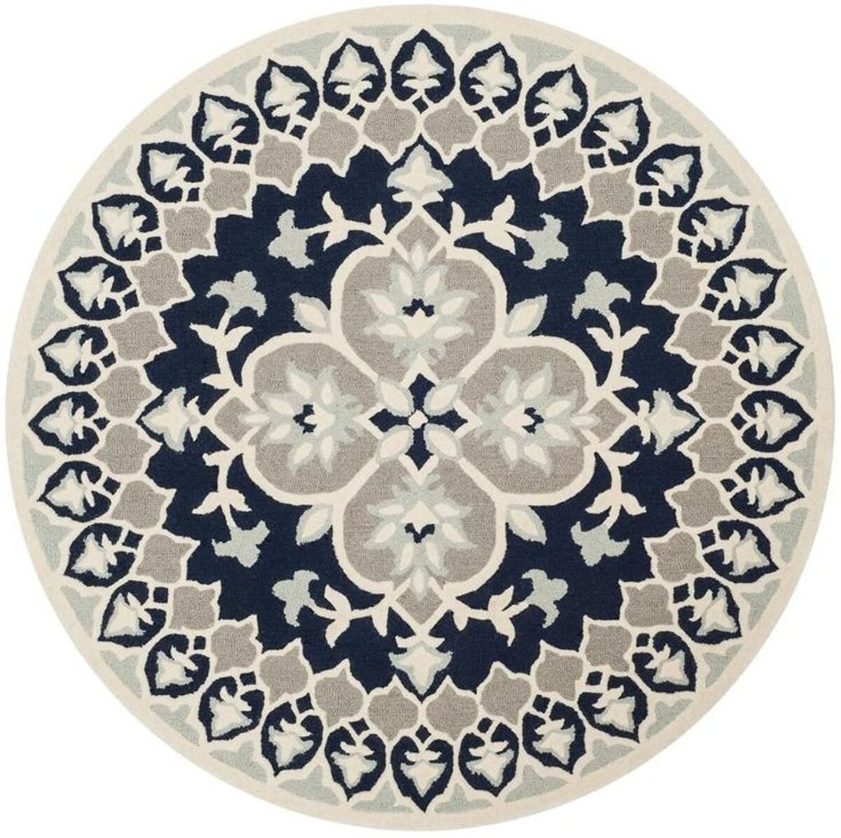 Traditional Blue & White Hand Tufted Round Plush New Zealand Wool Rug