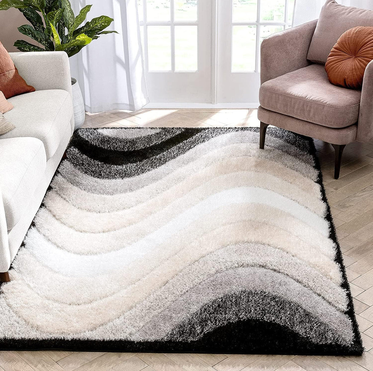 Handcrafted Black & Grey Wave Shaggy Carpet