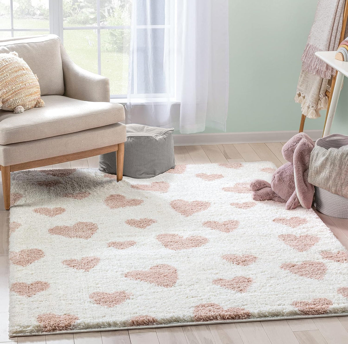 Handcrafted Ivory & Peach Little Hearts Shaggy Carpet