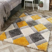 Handcrafted Yellow & White Geometric Shaggy Carpet