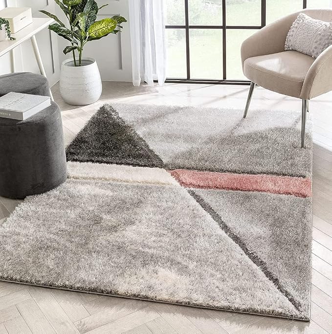 Handcrafted Grey Pink Compass Geometric Shaggy Carpet