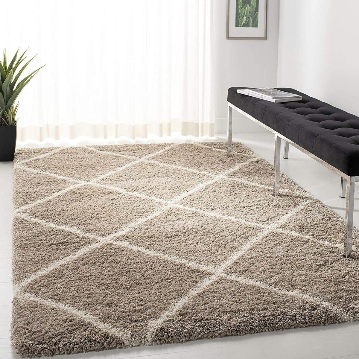 Handcrafted Beige & Ivory Shaggy Carpet