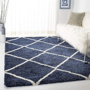 Handcrafted Blue & Ivory Trellis Shaggy Carpet