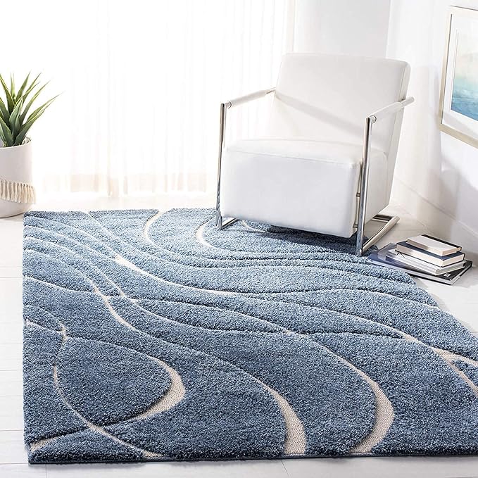 Handcrafted Blue Swirl Shaggy Carpet