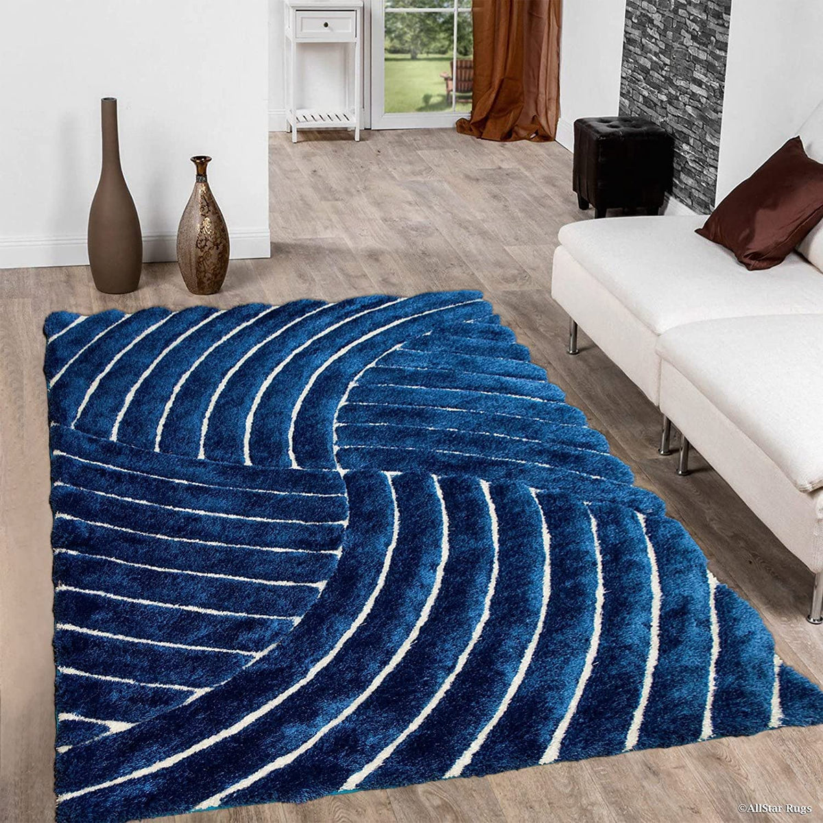 Handcrafted Blue Spiral Shaggy Carpet