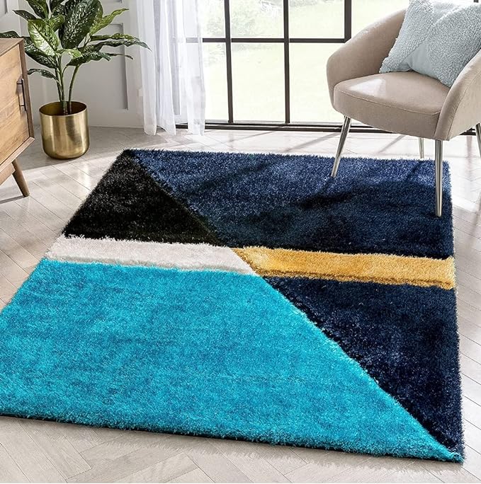 Handcrafted Aqua Blue Compass Geometric Shaggy Carpet