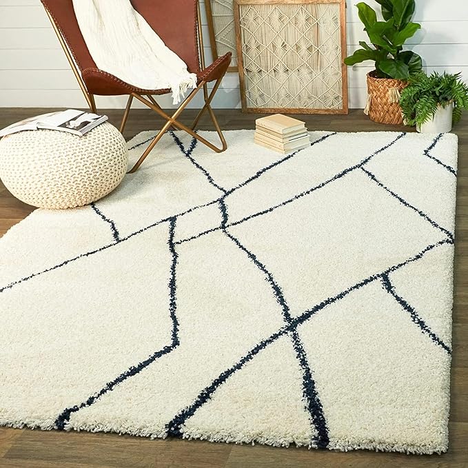 Handcrafted Navy Blue & White Shaggy Rug