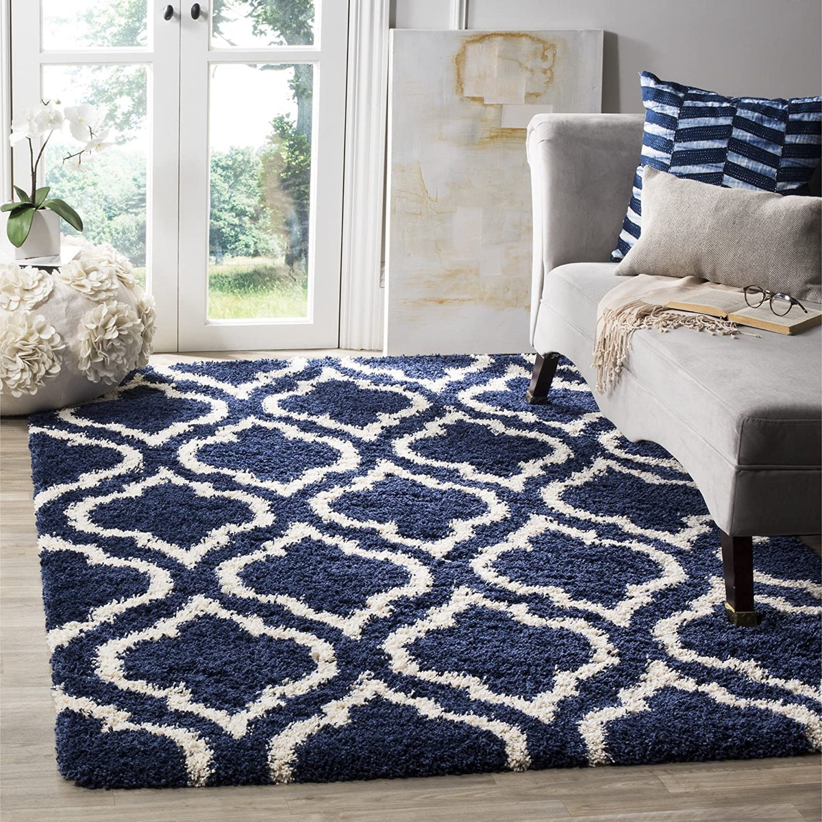 Handcrafted Navy Blue & Ivory Shaggy Carpet