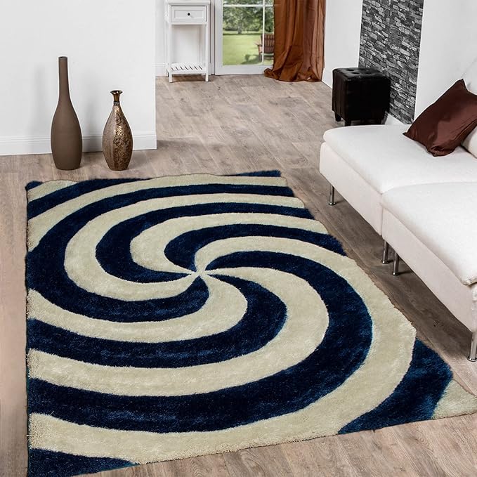 Handcrafted Navy & Ivory Tornado Shaggy Carpet