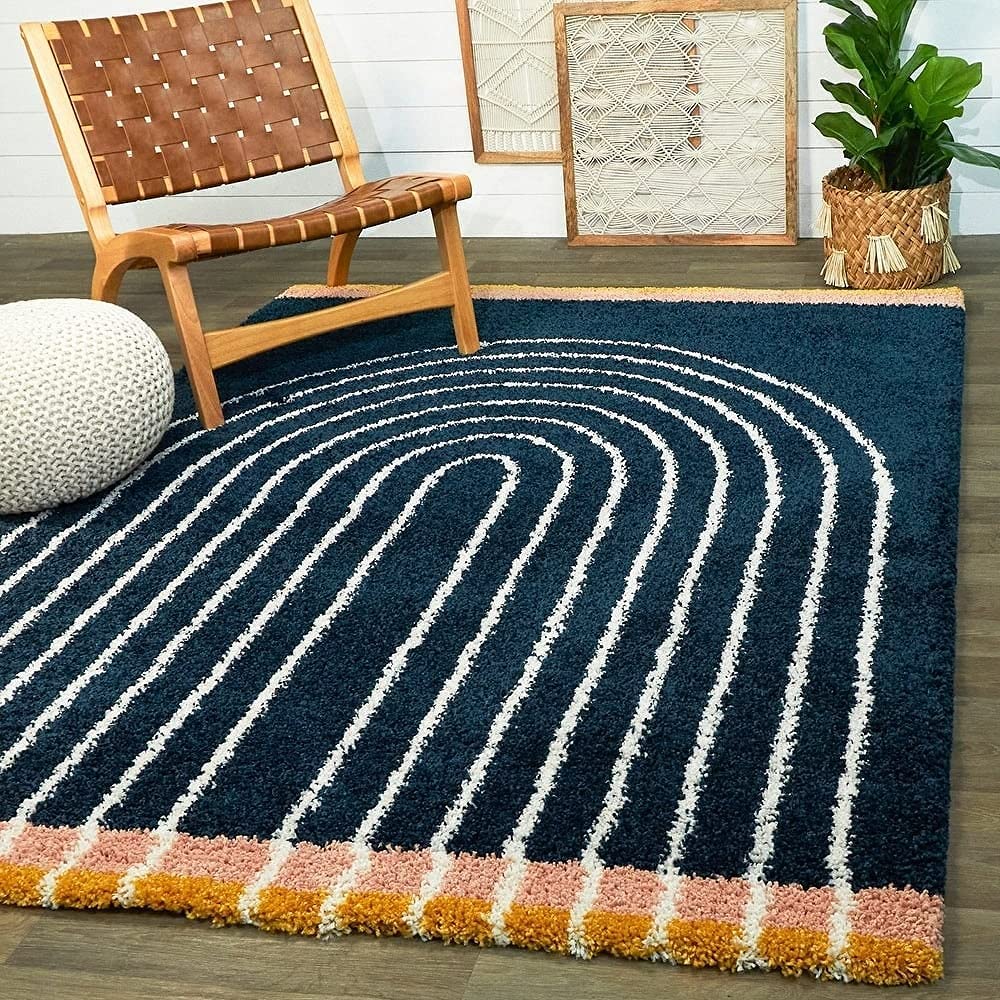 Handcrafted Navy Blue Multi Coloured Shaggy Carpet