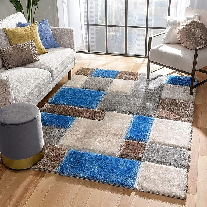Handcrafted Sky Blue & Beige Geometric Shaggy Carpet