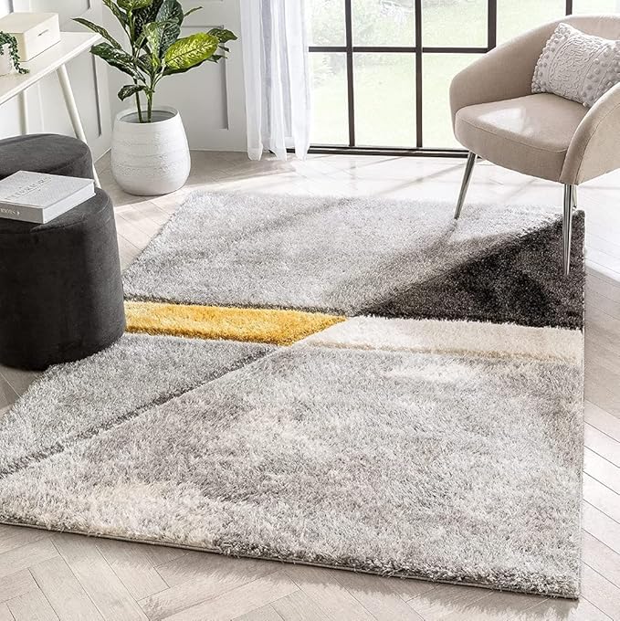 Handcrafted Grey Yellow Compass Geometric Shaggy Carpet