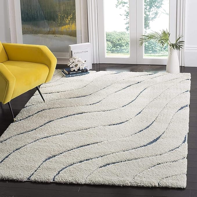 Handcrafted Ivory & Blue Shaggy Carpet