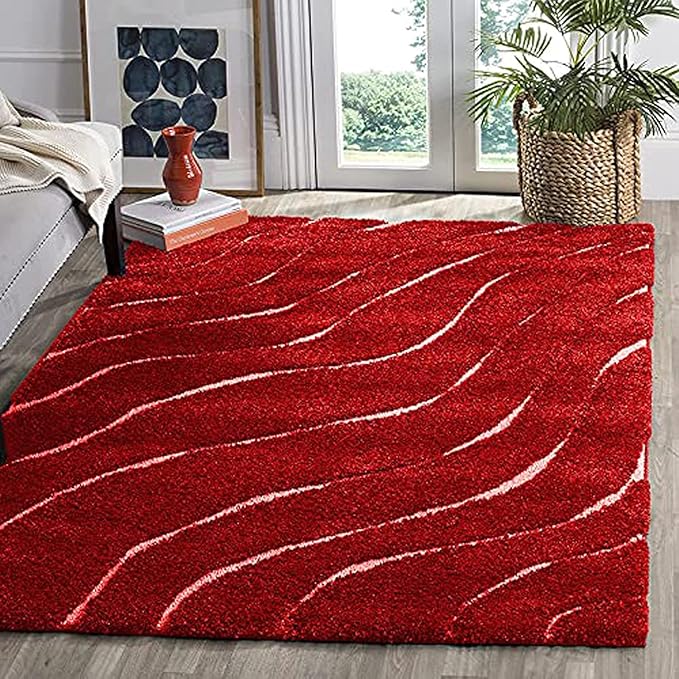Handcrafted Red Wave Shaggy Carpet