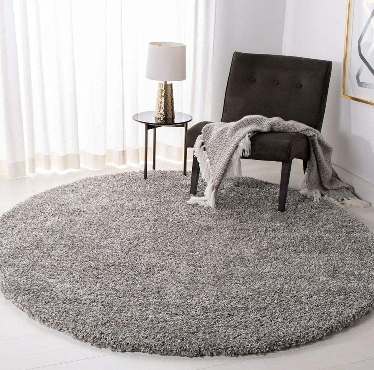 Silver Handcrafted Round Solid Microfiber Plush Anti Skid Shaggy Carpet