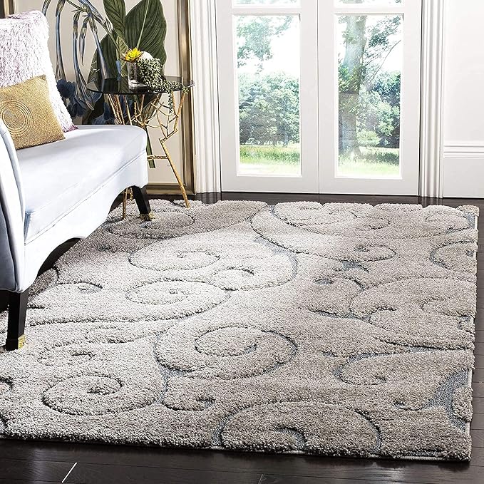 Handcrafted Grey Floral Shaggy Carpet