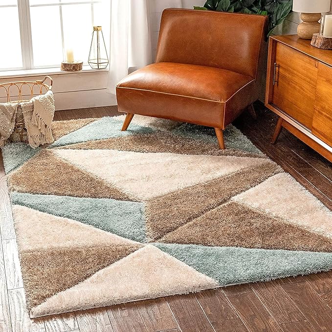 Handcrafted Brown & Blue Geometric Shaggy Carpet