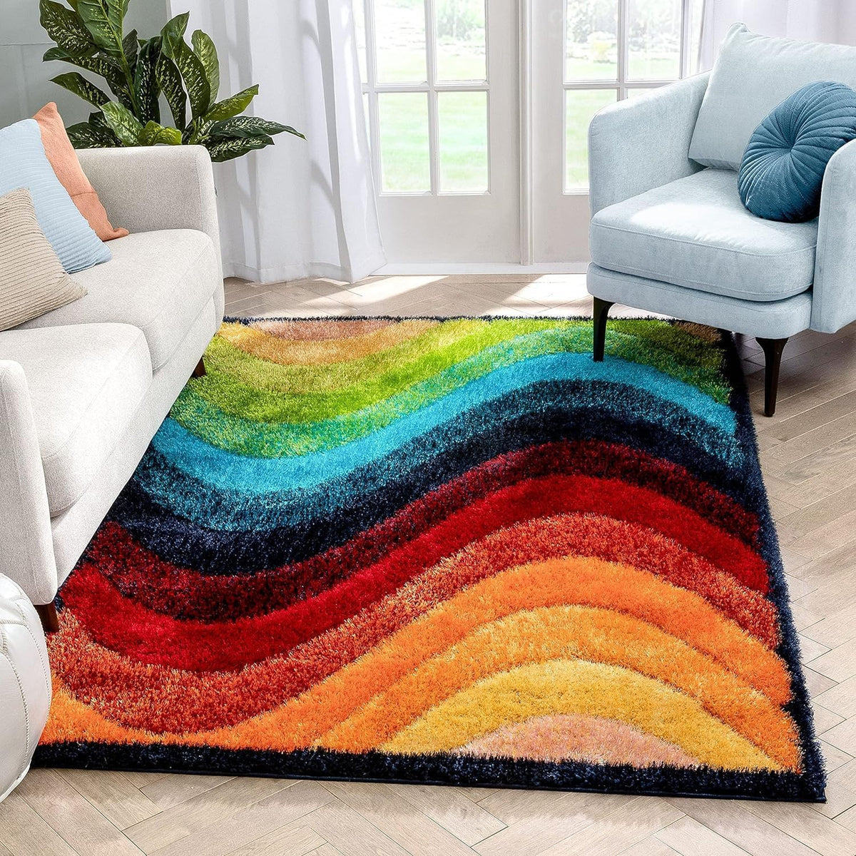 Handcrafted Rainbow Colored Shaggy Carpet