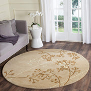 Floral Beige & Gold Hand Tufted Round Plush New Zealand Wool Rug